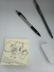 Size: 2448x3264 | Tagged: safe, artist:wren, oc, oc only, pony, bible verse, breaking the fourth wall, eraser, fourth wall, monochrome, pen, pencil, photo, religion, solo, staring at you, sticky note, text, traditional art