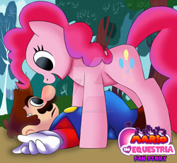 Size: 827x764 | Tagged: safe, artist:pokemonfan111, pinkie pie, earth pony, human, pony, comic:mario in equestria, g4, crossover, deviantart watermark, duo, duo male and female, female, male, mario, obtrusive watermark, super mario bros., watermark