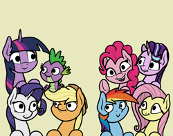 Size: 2048x1615 | Tagged: safe, artist:ewoudcponies, applejack, fluttershy, pinkie pie, rainbow dash, rarity, spike, starlight glimmer, twilight sparkle, alicorn, dragon, earth pony, pegasus, pony, unicorn, g4, female, horn, looking at you, male, mane seven, mane six, mare, simple background, smiling, smiling at you, twilight sparkle (alicorn), waving, waving at you, yellow background