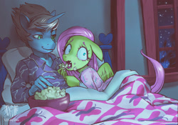 Size: 1772x1238 | Tagged: safe, artist:ladysdino, fluttershy, oc, oc:rope trick, pegasus, unicorn, anthro, g4, bed, bowl, canon x oc, clothes, commission, duo, duo male and female, female, floppy ears, fluttershy's bedroom, food, horn, in bed, male, night, open mouth, pajamas, popcorn, scared, shipping, shrunken pupils, straight, window