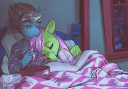 Size: 1772x1238 | Tagged: safe, artist:ladysdino, fluttershy, oc, oc:rope trick, pegasus, unicorn, anthro, g4, bed, bowl, canon x oc, clothes, commission, cuddling, duo, duo male and female, female, fluttershy's bedroom, horn, in bed, male, pajamas, shipping, sleeping, straight, window