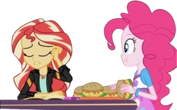 Size: 4048x2520 | Tagged: safe, edit, edited screencap, editor:mrtoonlover83, screencap, pinkie pie, sunset shimmer, equestria girls, g4, background removed, burger, duo, duo female, female, food, hay burger, not a vector, simple background, transparent background