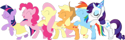 Size: 1470x473 | Tagged: artist needed, safe, artist:porygon2z, edit, edited screencap, editor:incredibubbleirishguy, screencap, applejack, fluttershy, pinkie pie, rainbow dash, rarity, twilight sparkle, earth pony, pegasus, pony, unicorn, g4, party of one, sweet and elite, birthday dress, clothes, conga, conga line, dress, eyes closed, hat, horn, mane six, not a vector, party dress, party hat, simple background, transparent background, unicorn twilight