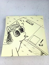 Size: 2448x3264 | Tagged: safe, artist:wren, oc, oc only, pony, bible verse, eraser, headband, monochrome, pen, pencil, photo, question mark, religion, solo, sticky note, table, text, traditional art