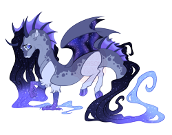 Size: 4600x3600 | Tagged: safe, artist:gigason, oc, oc only, oc:dream swim, draconequus, hybrid, g4, blaze (coat marking), blue eyes, blue sclera, cloven hooves, coat markings, colored claws, colored hooves, colored horn, colored horns, colored legs, colored muzzle, colored pinnae, colored sclera, colored wings, commission, curved horn, ear fluff, ethereal mane, ethereal tail, eye markings, facial markings, female, fins, frown, gradient mane, gradient tail, gray coat, gray wings, head fin, hooves, horn, horns, hybrid oc, interspecies offspring, leg fluff, long body, long horns, long mane, long tail, multicolored mane, multicolored tail, offspring, parent:discord, parent:princess luna, parents:lunacord, partially open wings, purple hooves, raised leg, shiny hooves, simple background, slit pupils, snip (coat marking), solo, sparkly mane, sparkly tail, starry mane, starry tail, starry wings, tail, tail fin, thin legs, transparent background, underhoof, wall of tags, watermark, wings