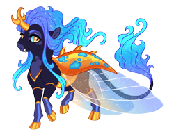 Size: 3500x2700 | Tagged: safe, artist:gigason, oc, oc only, oc:hibiscus, changedling, changeling, changepony, hybrid, g4, blue mane, blue sclera, blue tail, carapace, changedling oc, changeling oc, cloven hooves, coat markings, colored eyebrows, colored hooves, colored muzzle, colored pinnae, colored sclera, commission, ethereal mane, ethereal tail, eye markings, facial markings, fangs, folded wings, frown, gold hooves, golden eyes, gradient mane, gradient tail, hooves, hybrid oc, insect wings, interspecies offspring, large wings, leonine tail, long mane, long tail, looking back, offspring, parent:oc:karner, parent:princess luna, parents:canon x oc, raised hoof, raised leg, shiny hooves, simple background, socks (coat markings), solo, sparkly wings, standing on two hooves, starry wings, tail, thick eyelashes, transparent background, transparent wings, wall of tags, watermark, wavy mane, wavy tail, wings, yellow eyes
