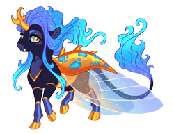 Size: 3500x2700 | Tagged: safe, artist:gigason, oc, oc only, oc:hibiscus, changedling, changeling, changepony, hybrid, g4, adoptable, blue mane, blue sclera, blue tail, carapace, changedling oc, changeling oc, cloven hooves, coat markings, colored eyebrows, colored hooves, colored muzzle, colored pinnae, colored sclera, ethereal mane, ethereal tail, eye markings, facial markings, fangs, folded wings, frown, gold hooves, golden eyes, gradient mane, gradient tail, hooves, hybrid oc, insect wings, interspecies offspring, large wings, leonine tail, long mane, long tail, looking back, offspring, parent:oc:karner, parent:princess luna, parents:canon x oc, raised hoof, raised leg, shiny hooves, simple background, socks (coat markings), solo, sparkly wings, standing on two hooves, starry wings, tail, thick eyelashes, transparent background, transparent wings, wall of tags, watermark, wavy mane, wavy tail, wings, yellow eyes