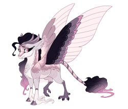 Size: 4200x3600 | Tagged: safe, artist:gigason, oc, oc only, oc:lucifeather, hippogriff, hybrid, g4, adoptable, cloven hooves, coat markings, colored belly, colored claws, colored fetlocks, colored hooves, eyelashes, facial markings, fangs, fetlock tuft, gradient mane, gradient tail, gray coat, headpiece, hippogriff oc, hooves, interspecies offspring, leg fluff, leonine tail, long mane, long tail, looking back, offspring, pale belly, parent:oc:elytra, parent:queen novo, parents:canon x oc, pink eyes, purple hooves, raised leg, shiny hooves, simple background, smiling, socks (coat markings), solo, striped tail, tail, thick eyelashes, transparent background, watermark, wavy mane, wavy tail, white belly