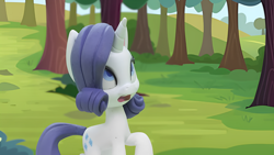 Size: 1920x1080 | Tagged: safe, screencap, rarity, pony, unicorn, g4, g4.5, gem of a problem, my little pony: stop motion short, concerned, cute, forest, horn, nature, solo, tree