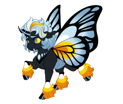 Size: 3800x3200 | Tagged: safe, artist:gigason, oc, oc only, oc:karner, changedling, changeling, adoptable, black body, black hooves, blue mane, butterfly wings, changedling oc, changeling oc, cloven hooves, coat markings, colored belly, colored eyebrows, colored fetlocks, colored hooves, colored horn, colored sclera, colored wings, fangs, fetlock tuft, floppy ears, hooves, horn, looking back, male, multicolored mane, multicolored wings, pale belly, raised hoof, raised leg, shiny hooves, simple background, slit pupils, smiling, socks (coat markings), solo, spread wings, three toned mane, transparent background, unique horn, wall of tags, watermark, white pupils, wings, yellow eyes