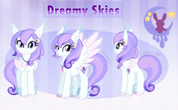 Size: 2916x1794 | Tagged: safe, artist:spookyle, oc, oc only, oc:dreamy skies, hippogriff, abstract background, colored eartips, colored fetlocks, colored hooves, colored wings, colored wingtips, ear fluff, eyelashes, feathered ears, feathered fetlocks, female, hair accessory, hairclip, hippogriff oc, hooves, jewelry, long mane, long tail, mane accessory, necklace, outline, pink hooves, pink wingtips, purple eyes, purple mane, purple tail, reference sheet, signature, smiling, solo, sparkly mane, sparkly tail, standing, tail, tall ears, text, two toned mane, two toned tail, two toned wings, unshorn fetlocks, wavy mane, wavy tail, white coat, wings