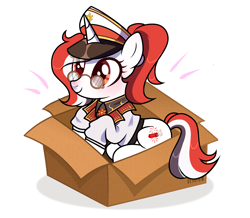 Size: 4578x4000 | Tagged: safe, oc, oc only, oc:red rocket, pony, unicorn, belt, blushing, box, cap, cardboard box, clothes, collar, commission, glasses, happy, hat, horn, in a box, necktie, pony in a box, ponytail, simple background, solo, tail, uniform, white background, ych result, your character here