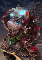 Size: 3800x5400 | Tagged: safe, artist:ondrea, oc, oc only, oc:ondrea, pegasus, pony, braid, dusk, face paint, female, flower, flower in hair, glowing, long mane, mare, skull, solo, spread wings, subsurface scattering, wings