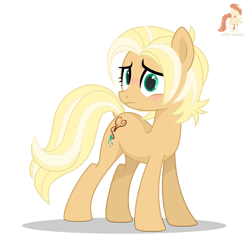 Size: 2500x2500 | Tagged: safe, artist:r4hucksake, oc, oc only, oc:sandstone odyssey, earth pony, pony, blonde mane, blonde tail, blush lines, blushing, earth pony oc, female, frown, green eyes, long tail, looking back, mare, mare oc, shadow, short mane, signature, simple background, solo, standing, story included, tail, tan coat, transparent background, two toned mane, two toned tail