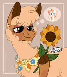 Size: 1738x2000 | Tagged: safe, artist:pink-pone, oc, oc only, oc:golden sun, oc:nutmeg, alpaca, pony, unicorn, alpaca oc, artfight, blush scribble, blushing, border, cloven hooves, flower, gift art, hoof hold, horn, lidded eyes, neckerchief, non-pony oc, simple background, solo, sunflower, thinking, thought bubble, unicorn oc, yellow blush