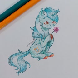 Size: 2048x2048 | Tagged: safe, artist:thistlekatt, lyra heartstrings, pony, unicorn, g4, colored hooves, colored pencil drawing, flower, hooves, horn, simple background, sitting, solo, traditional art, unshorn fetlocks, white background