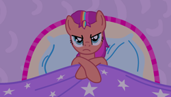 Size: 1564x887 | Tagged: safe, artist:princess-paige-place-of-fun, sunny starscout, earth pony, pony, g4, g5, look before you sleep, my little pony: friendship is magic, bed, bedroom, female, g5 to g4, generation leap, looking at you, mane stripe sunny, mare, scene interpretation, solo, sunny starscout is not amused, unamused