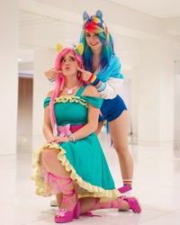 Size: 1080x1349 | Tagged: safe, artist:alicenyannya, artist:gianaxrose, fluttershy, rainbow dash, human, g4, clothes, cosplay, costume, duo, duo female, female, goggles, irl, irl human, multicolored hair, photo, rainbow hair