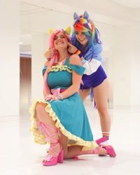 Size: 1080x1349 | Tagged: safe, artist:alicenyannya, artist:gianaxrose, fluttershy, rainbow dash, human, g4, clothes, cosplay, costume, duo, duo female, female, goggles, irl, irl human, multicolored hair, photo, rainbow hair