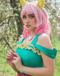 Size: 1080x1350 | Tagged: safe, artist:gianaxrose, fluttershy, human, g4, bare shoulders, clothes, cosplay, costume, irl, irl human, photo, solo