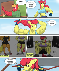 Size: 4484x5401 | Tagged: safe, artist:matchstickman, apple bloom, applejack, big macintosh, earth pony, anthro, plantigrade anthro, matchstickman's apple brawn series, tumblr:where the apple blossoms, g4, abs, absurd resolution, apple brawn, apple siblings, apple sisters, applejacked, armpits, barbell, biceps, breasts, brother and sister, busty apple bloom, busty applejack, clothes, comic, deltoids, dialogue, female, fingerless gloves, gloves, great macintosh, male, mare, muscles, muscular female, muscular male, older, older apple bloom, pecs, shoes, siblings, sisters, speech bubble, stallion, sweat, thighs, thought bubble, thunder thighs, triceps, trio, tumblr comic, weight lifting, weights