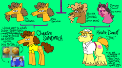 Size: 1440x810 | Tagged: safe, artist:msponies, cheese sandwich, donut joe, earth pony, pony, unicorn, g4, family tree, green background, horn, jerma985, prevgen, simple background