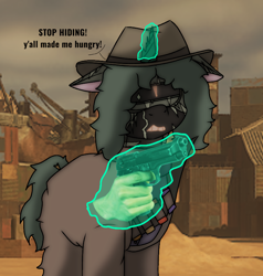 Size: 1440x1510 | Tagged: safe, artist:thomas.senko, oc, oc only, oc:thomas senko, pony, unicorn, fallout equestria, 3d, angry, cowboy, cowboy hat, detailed background, fallout, gun, hand, handgun, hat, horn, hungry, magic, magic aura, male, pistol, solo, weapon