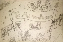 Size: 3264x2173 | Tagged: safe, artist:wren, oc, oc only, oc:sally, fish, pony, zebra, bag, banner, basket, blank flank, book, bread, bush, christianity, colt, female, filly, fire, flower, foal, food, grass, male, monochrome, peeking, pencil drawing, ponytail, recursion, road, running, saddle bag, scooting, sign, sketch, spanish text, traditional art, waving, waving at you