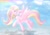 Size: 2048x1421 | Tagged: dead source, safe, artist:petaltwinkle, oc, oc only, oc:petal twinkle, pegasus, pony, bangs, bow, cloud, day, detailed background, eyelashes, female, flying, hair accessory, hair bow, looking up, mane accessory, mare, mare oc, multicolored mane, multicolored tail, outdoors, pegasus oc, pink bow, pink coat, pink eyes, profile, puddle, rain, rainbow, raised hoof, raised leg, reflection, shiny eyes, signature, sky background, smiling, solo, spread wings, standing, standing on one leg, tail, three toned mane, three toned tail, wavy mane, wavy tail, wet, wet mane, wet tail, wings