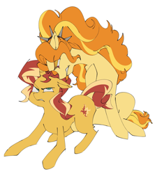 Size: 1453x1636 | Tagged: safe, artist:jzdog_0205, adagio dazzle, sunset shimmer, earth pony, pony, unicorn, equestria girls, g4, angry, backwards cutie mark, duo, duo female, earth pony adagio dazzle, equestria girls ponified, female, frown, hoof on chest, horn, lesbian, lidded eyes, looking at each other, looking at someone, mare, ponified, ship:sunsagio, shipping, simple background, sitting, white background