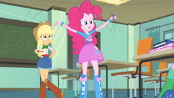 Size: 1280x720 | Tagged: safe, screencap, applejack, pinkie pie, twilight sparkle, equestria girls, g4, my little pony equestria girls, angry pie, applejack's hat, armband, arms, arms in the air, backpack, belt, book, boots, bracelet, breasts, bust, button-up shirt, canterlot high, cellphone, chair, chalkboard, classroom, clothes, computer, cowboy boots, cowboy hat, crossed legs, curtains, denim, denim skirt, desk, eyelashes, female, freckles, frown, hand, hand in pocket, hand on hip, hands in the air, hat, high heel boots, holding, indoors, jewelry, legs, long hair, open frown, open mouth, phone, pink skirt, ponytail, school, shirt, short sleeves, skirt, smartphone, standing, stetson, teenager, trio, trio female, vest