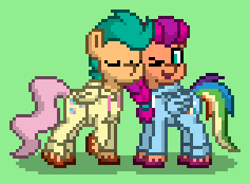 Size: 316x232 | Tagged: safe, fluttershy, hitch trailblazer, rainbow dash, sunny starscout, earth pony, pegasus, pony, pony town, g5, braid, braided ponytail, cheek kiss, clothes, coat markings, cosplay, costume, duo, duo male and female, female, green background, hair tie, hoodie, kigurumi, kissing, lesbian, male, ponytail, ship:flutterdash, ship:starblazer, shipping, simple background, socks (coat markings), straight