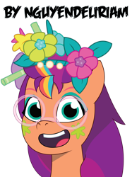 Size: 4589x6140 | Tagged: safe, artist:nguyendeliriam, sunny starscout, earth pony, pony, bridlewoodstock (tell your tale), g5, my little pony: tell your tale, bridlewoodstock, cute, female, flower, flower in hair, glasses, happy, looking at you, mane stripe sunny, mare, open mouth, open smile, simple background, smiling, solo, sunnybetes, transparent background