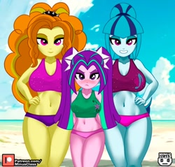 Size: 900x859 | Tagged: safe, alternate character, alternate version, artist:minusclass, adagio dazzle, aria blaze, sonata dusk, human, equestria girls, g4, 2d, bangs, beach, belly, bikini, bikini bottom, bikini top, blushing, breasts, busty adagio dazzle, busty aria blaze, busty dazzlings, busty sonata dusk, cleavage, clothes, cloud, concave belly, curly hair, cutie mark on clothes, eyeshadow, female, grin, hairband, hand on hip, height difference, legs, legs together, looking at you, makeup, midriff, outdoors, patreon, patreon logo, ponytail, sand, siblings, sideburns, sisters, sky, smiling, smiling at you, swimsuit, the dazzlings, thighs, trio, trio female, twintails, unamused, wide hips