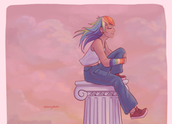 Size: 2048x1485 | Tagged: safe, artist:starryducks, rainbow dash, human, g4, alternate hairstyle, arm warmers, clothes, cloud, cloudy, column, cute, dashabetes, denim, ear piercing, earring, eyes closed, female, flowing hair, humanized, jeans, jewelry, midriff, pants, piercing, pillar, podium, shoes, sitting, smiling, sneakers, socks, solo, tan skin, windswept hair