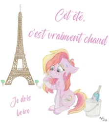 Size: 1016x1137 | Tagged: safe, artist:opti, oc, oc only, oc:harper, bat pony, wingless bat pony, alcohol, bottle, bucket, champagne, champagne glass, eiffel tower, french, ice, solo, sweat, text, tree, wine, wine bottle, wingless