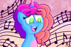 Size: 1800x1200 | Tagged: safe, artist:jesslmc16, idw, misty brightdawn, pony, unicorn, g5, maretime mysteries #1, my little pony: maretime mysteries, bust, comic, female, freckles, horn, mare, multicolored hair, music notes, open mouth, portrait, rebirth misty, redraw, scene interpretation, signature, smiling, solo, starry eyes, wingding eyes