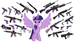 Size: 1920x1080 | Tagged: safe, artist:edy_january, artist:twilirity, edit, vector edit, twilight sparkle, alicorn, pony, g4, ak-47, an-94, angry, assault rifle, female, galil, glock, glock 17, glock 18c, gun, handgun, hk416, kriss vector, m1911, m4a1, mac-10, machine pistol, magic, mare, mateba 2006m, msg90a1, mtar-21, pistol, remington 870, revolver, rifle, shotgun, sig mcx virtus, sig mpx, simple background, sniper rifle, solo, spread wings, steyr scout, submachinegun, tec-9, telekinesis, transparent background, twilight sparkle (alicorn), usas-12, vector, walther p38, weapon, wings