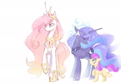 Size: 2048x1421 | Tagged: safe, artist:petaltwinkle, princess celestia, princess luna, oc, unnamed oc, alicorn, earth pony, pony, g4, alternate accessories, alternate color palette, alternate design, alternate eye color, alternate mane color, alternate tail color, bangles, blue eyes, colored sketch, crown, earth pony oc, ethereal mane, ethereal tail, eye clipping through hair, eyelashes, female, filly, filly oc, foal, folded wings, gradient mane, gradient tail, halo, headpiece, height difference, hoof shoes, horn, jewelry, long horn, long legs, long mane, long tail, looking at someone, looking down, looking up, multicolored mane, multicolored tail, peytral, pink eyes, princess shoes, purple coat, raised hoof, regalia, royal sisters, siblings, signature, simple background, sisters, sketch, slender, smiling, sparkly mane, sparkly tail, standing, tail, thin, thin legs, tiara, trio, two toned mane, two toned tail, wall of tags, wavy mane, wavy tail, white background, white coat, wings, yellow coat