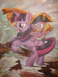 Size: 2121x2828 | Tagged: safe, artist:recycledrapunzel, spike, twilight sparkle, dragon, pony, unicorn, g4, acrylic painting, bridle, classic art, cloak, clothes, dragons riding ponies, duo, duo male and female, eyebrows, featured image, female, fine art parody, frown, hat, high res, male, mare, napoleon, napoleon bonaparte, napoleon crossing the alps, parody, raised eyebrow, rearing, reins, riding, riding a pony, saddle, smiling, spike riding twilight, tack, traditional art, unamused, unicorn twilight