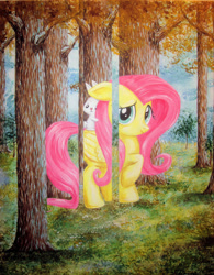 Size: 2162x2774 | Tagged: safe, artist:recycledrapunzel, angel bunny, fluttershy, pegasus, pony, rabbit, g4, acrylic painting, angel riding fluttershy, animal, duo, duo male and female, female, fine art parody, forest, horse and rider, male, mare, nature, parody, rabbits riding ponies, raised hoof, rené magritte, riding, riding a pony, surreal, traditional art, tree