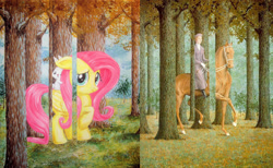 Size: 3119x1923 | Tagged: safe, artist:recycledrapunzel, angel bunny, fluttershy, g4, classic art, comparison, duo, duo male and female, female, fine art parody, forest, horse and rider, male, nature, rené magritte, traditional art, tree