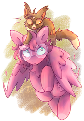 Size: 612x876 | Tagged: safe, artist:foryu, oc, oc only, cat, pegasus, pony, abstract background, artfight, colored hooves, crossover, flapping wings, flying, frown, gift art, glasses, green eyes, hooves, hooves together, looking at someone, looking up, non-mlp oc, pink coat, pink hooves, pink mane, riding, riding a pony, round glasses, signature, simple background, transparent background, two toned eyes, warrior cats, wings, wings down