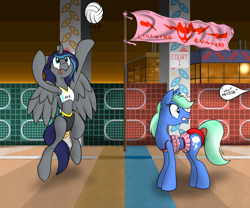 Size: 6144x5120 | Tagged: safe, artist:dashingjack, artist:techno_universal, oc, oc only, oc:techno universal, oc:wintergreen, alicorn, earth pony, pony, clothes, crossdressing, duo, female, lipstick, male, mare, midriff, sports, stallion, swimsuit, tongue out, volleyball