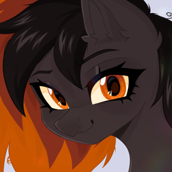 Size: 1500x1500 | Tagged: safe, artist:thieftea, oc, oc only, oc:thunderstruck, pegasus, pony, artfight, brown coat, brown eyeshadow, bust, colored eyebrows, colored sclera, ear fluff, eyelashes, eyeshadow, gift art, gray background, makeup, multicolored mane, orange eyes, pegasus oc, shiny mane, simple background, smiling, solo, thick eyelashes, three toned mane, wavy mouth, yellow sclera