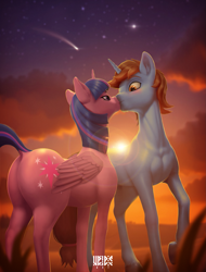 Size: 1307x1717 | Tagged: safe, artist:veles, twilight sparkle, oc, alicorn, unicorn, g4, blushing, butt, canon x oc, cloud, duo, duo male and female, female, horn, kissing, male, mare, plot, shooting star, sky, stallion, stars, sternocleidomastoid, sunset, twilight sparkle (alicorn)