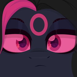 Size: 4600x4600 | Tagged: safe, artist:desombra, oc, oc only, oc:black cherry, pegasus, black coat, black eyeshadow, black mane, colored pupils, colored sclera, eyelashes, eyeshadow, face, facial markings, female, frown, frowning at you, lidded eyes, looking at you, makeup, pink eyes, pink sclera, purple pupils, solo, two toned mane