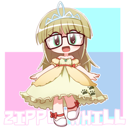 Size: 1500x1500 | Tagged: safe, artist:fikkyu019, artist:ikkyuu, zippoorwhill, human, g4, chibi, child, clothes, cute, daaaaaaaaaaaw, dress, female, glasses, humanized, jewelry, looking at you, meganekko, open mouth, open smile, passepartout, smiling, solo, tiara, zippoorbetes