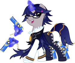 Size: 3711x3122 | Tagged: safe, artist:crabbito, edit, vector edit, oc, oc only, oc:moonlit silver, pony, unicorn, base used, bayonetta, belts, bodysuit, clothes, cosplay, costume, ear piercing, earring, eyelashes, eyeshadow, frills, glasses, gloves, gradient mane, gradient tail, gray coat, gun, hairclip, handgun, horn, jewelry, lidded eyes, long mane, looking at you, magic, makeup, mole, piercing, simple background, skintight clothes, smiling, smiling at you, solo, sultry, sultry pose, tail, telekinesis, unicorn oc, vector, weapon, witch
