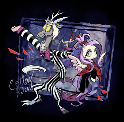 Size: 1528x1500 | Tagged: safe, artist:cottonvalent, discord, fluttershy, draconequus, pony, g4, beetlejuice, crossover, duo, duo male and female, female, lydia deetz, male, signature